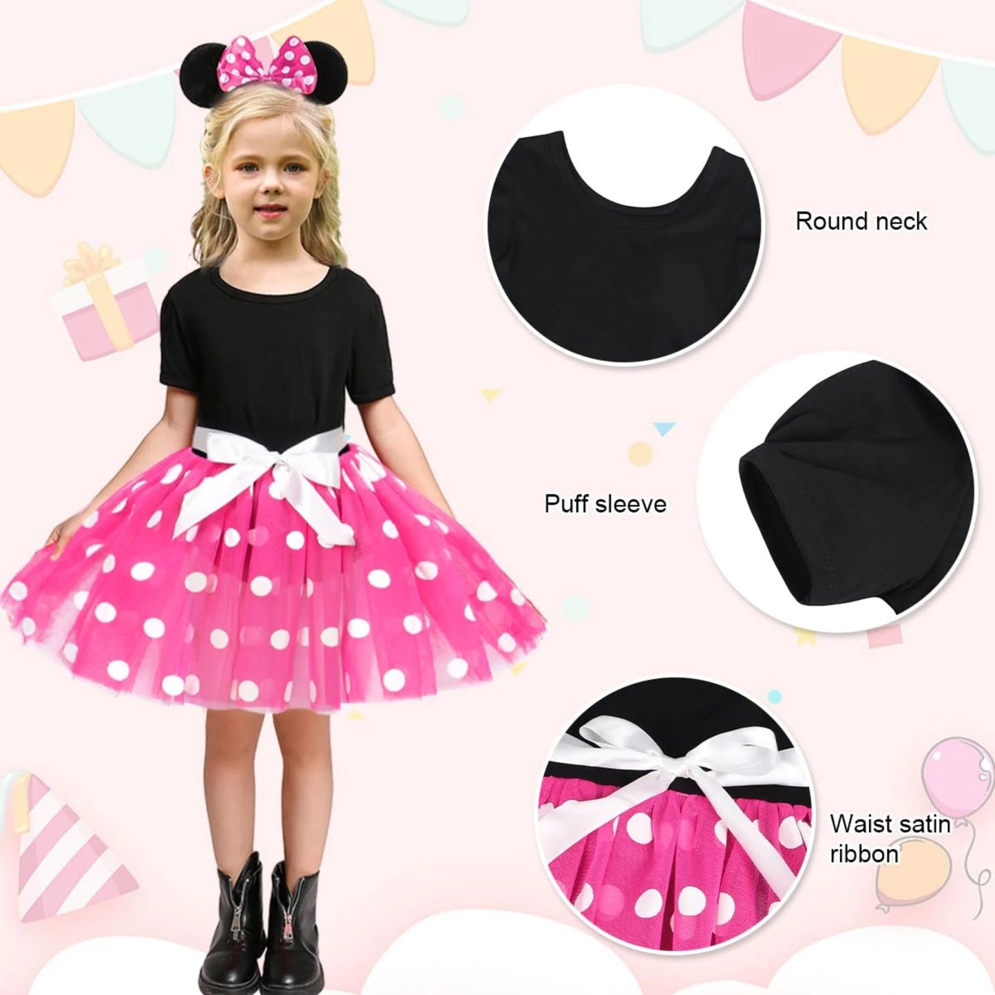 Girls Red Polka Dot Tutu Dress with Bow Headband, Baby Toddler Party Costume for Birthday & Cosplay (90 Cm)