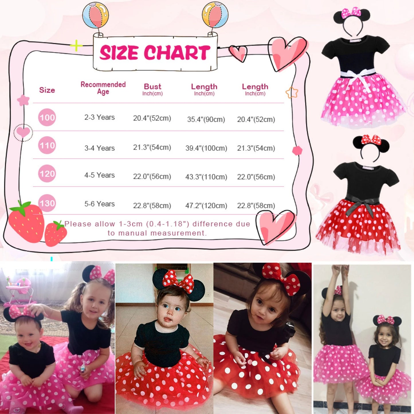 Girls Red Polka Dot Tutu Dress with Bow Headband, Baby Toddler Party Costume for Birthday & Cosplay (90 Cm)