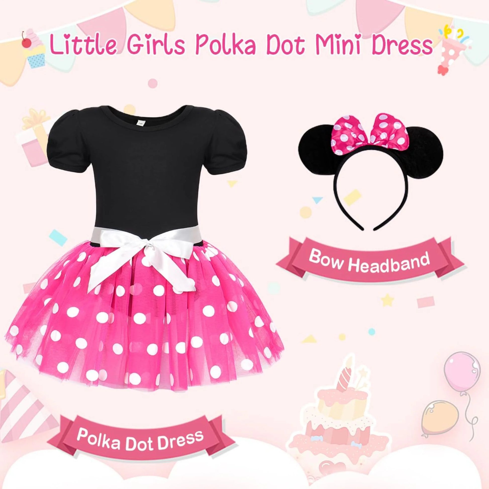 Girls Red Polka Dot Tutu Dress with Bow Headband, Baby Toddler Party Costume for Birthday & Cosplay (90 Cm)