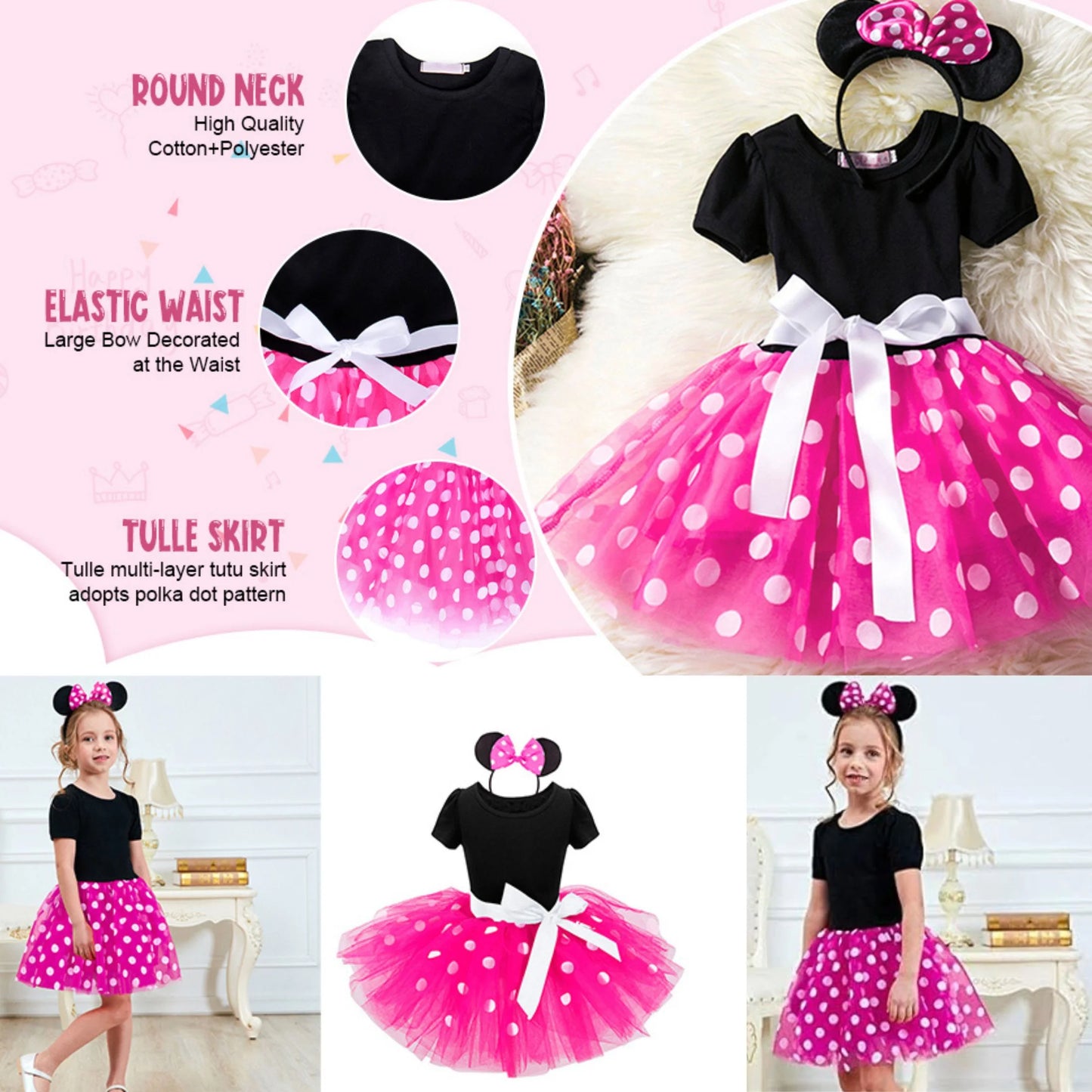 Girls Red Polka Dot Tutu Dress with Bow Headband, Baby Toddler Party Costume for Birthday & Cosplay (90 Cm)
