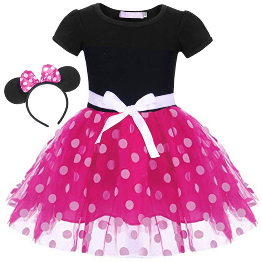 Girls Red Polka Dot Tutu Dress with Bow Headband, Baby Toddler Party Costume for Birthday & Cosplay (90 Cm)